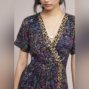 Anthropologie Maeve Morgan Dress Size 2 Black Floral Multi Leopard Wrap Midi